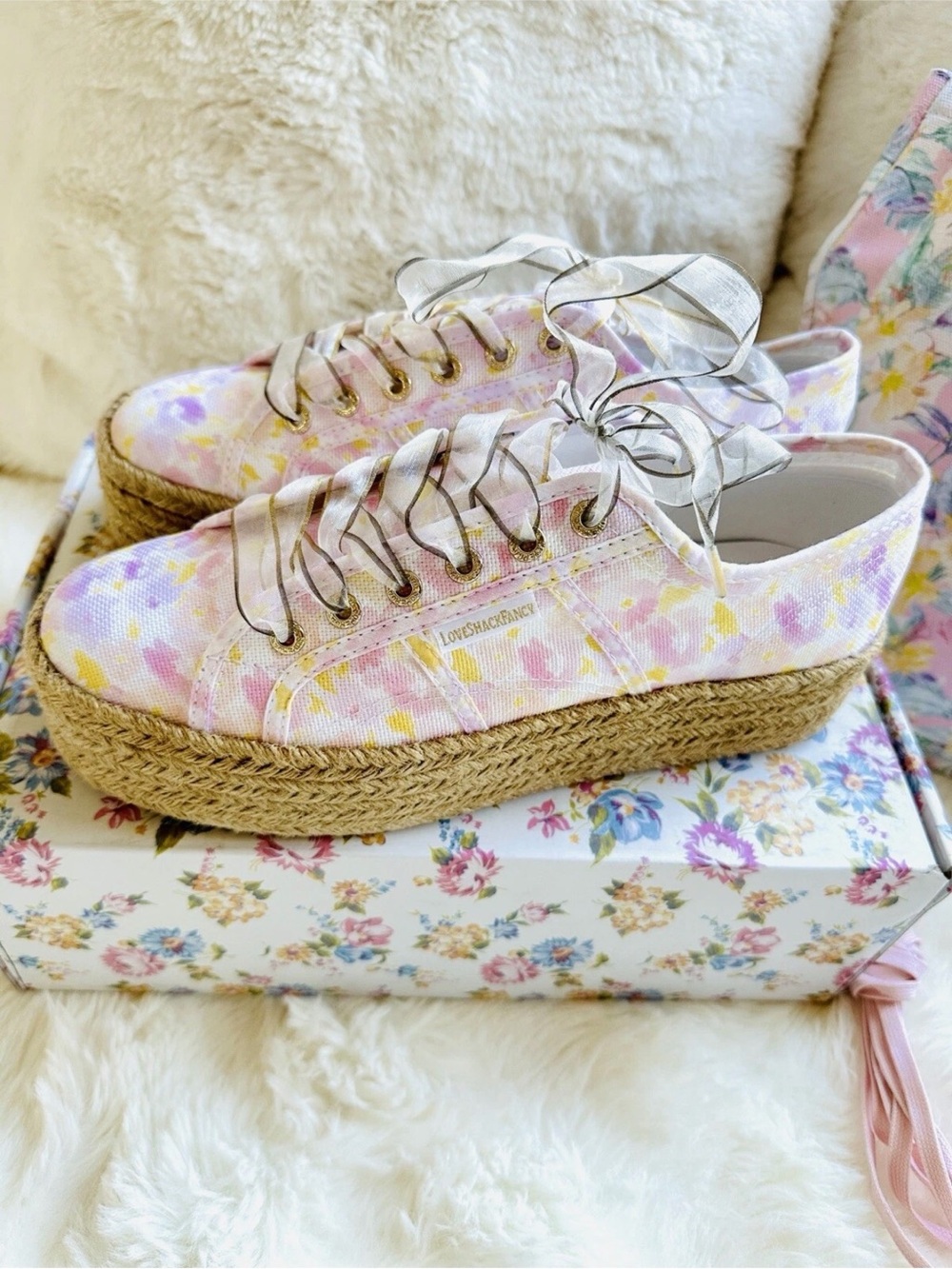 LoveShackFancy Pastel Pink Floral Espadrille Platform Sneakers